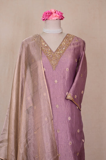 Lavender Purple Tissue Silk Zardozi Suit