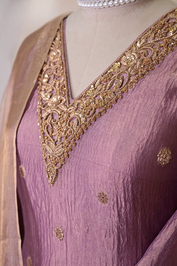 Lavender Purple Tissue Silk Zardozi Suit