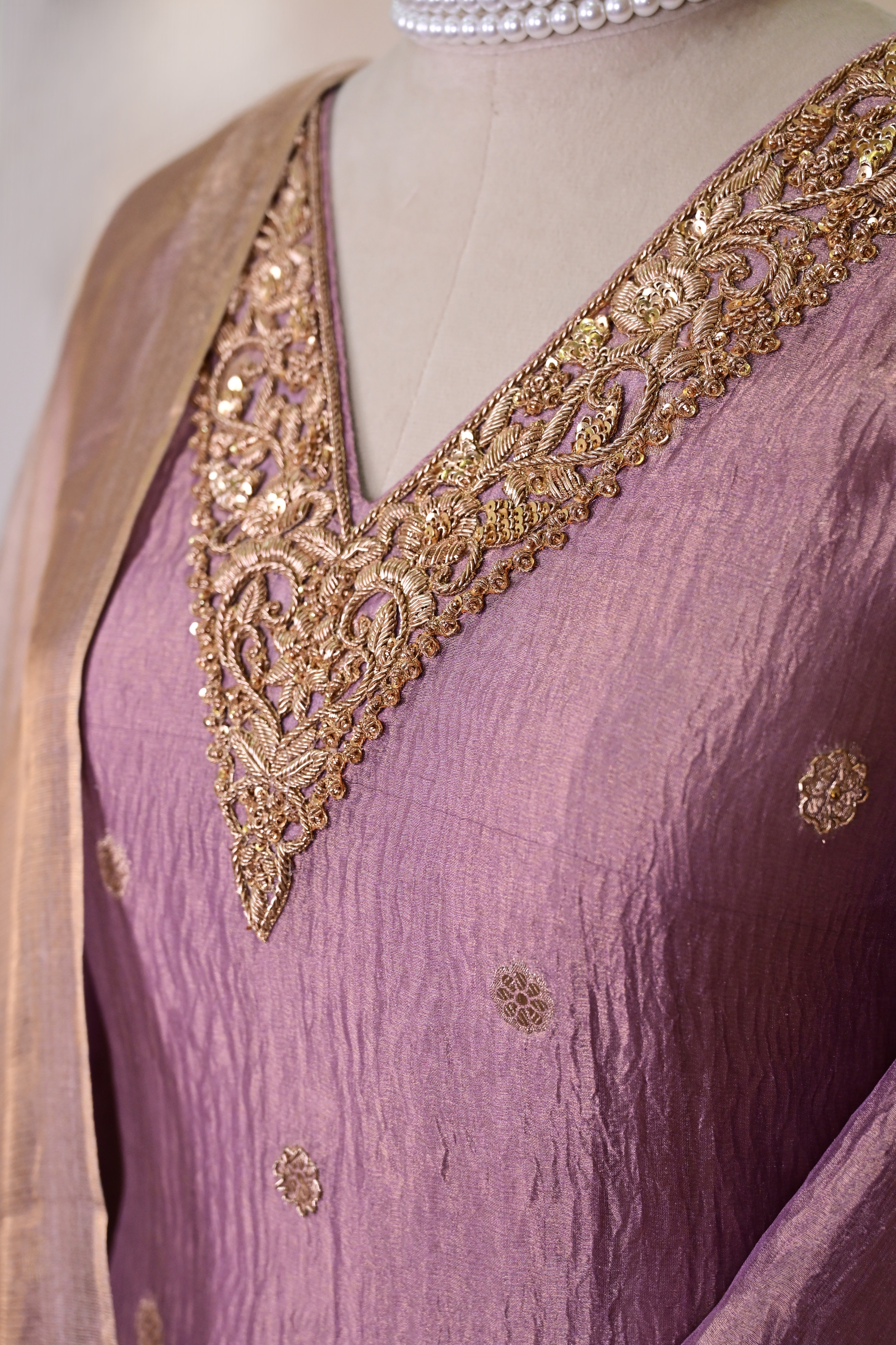 Lavender Purple Tissue Silk Zardozi Suit