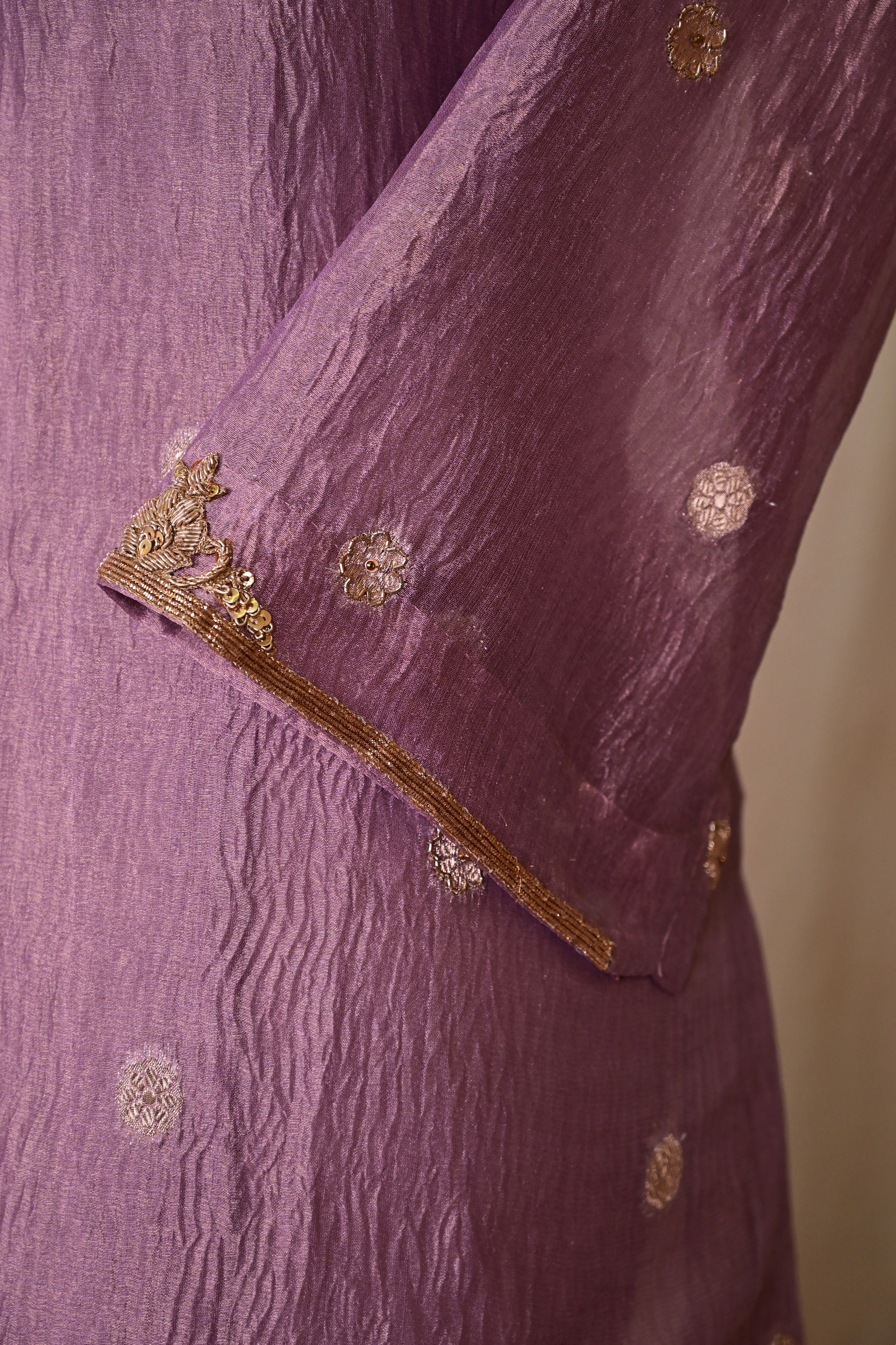 Lavender Purple Tissue Silk Zardozi Suit