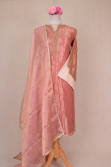 Salmon Pink Tissue Silk Zardozi Suit
