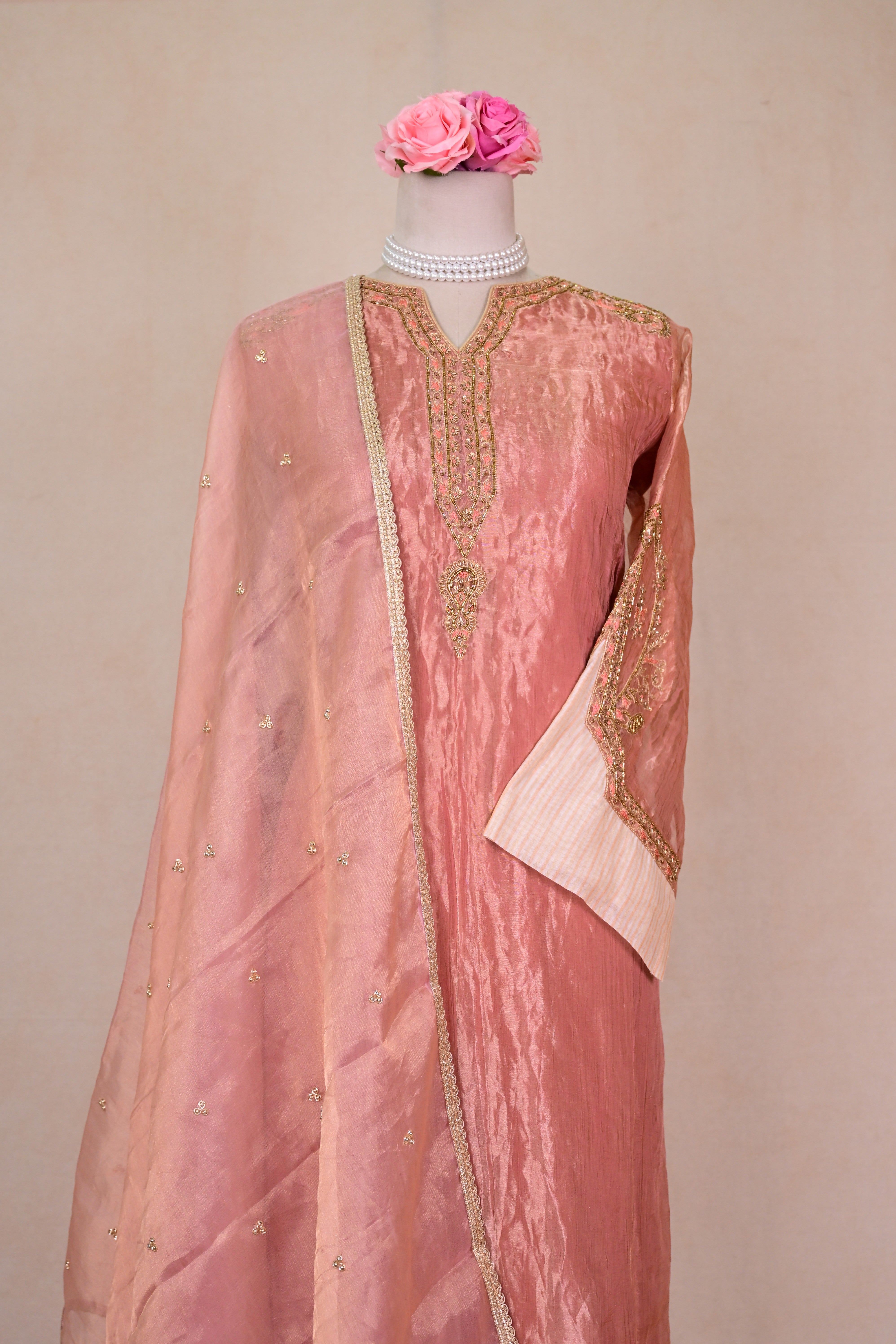 Salmon Pink Tissue Silk Zardozi Suit