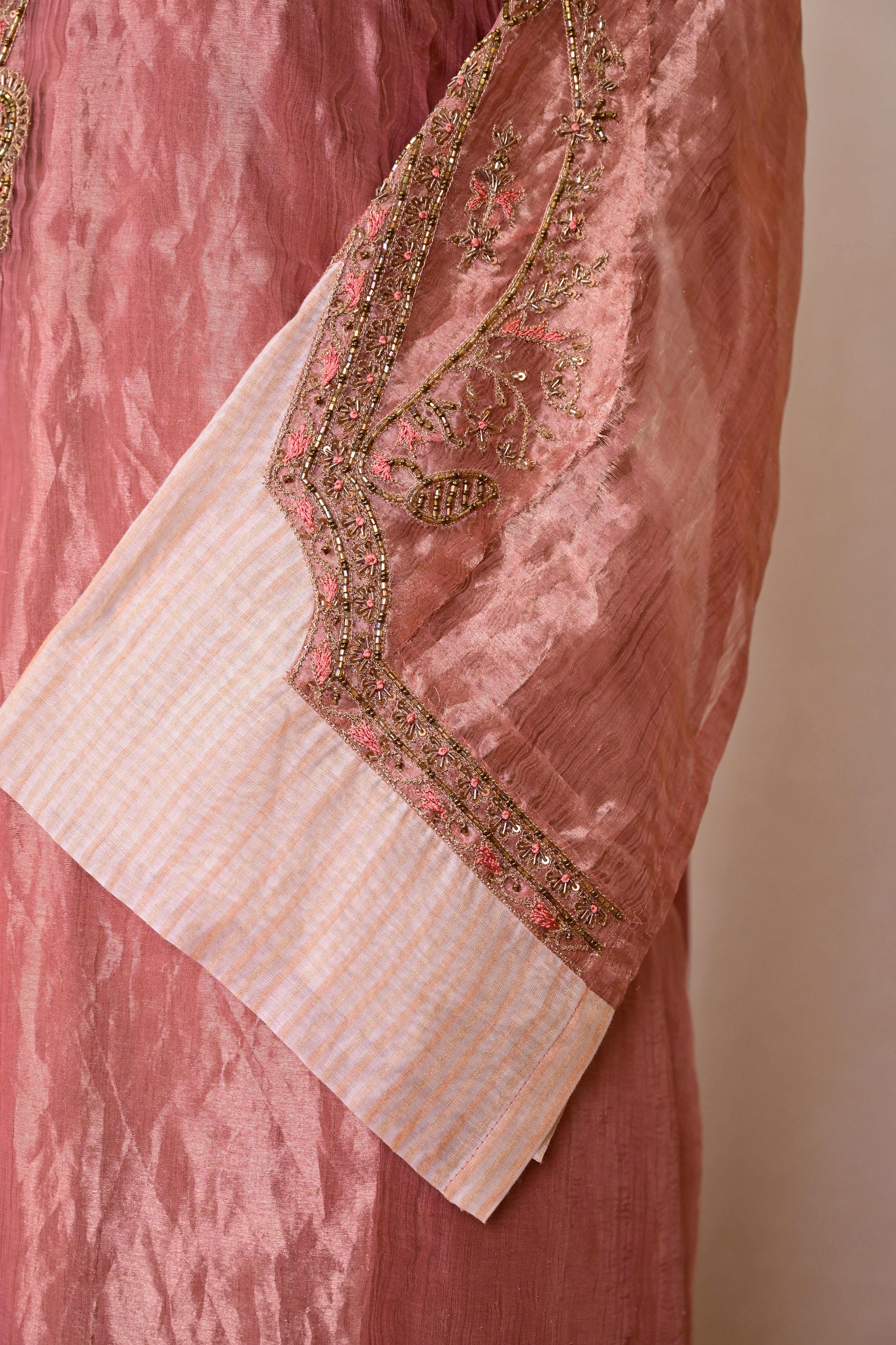 Salmon Pink Tissue Silk Zardozi Suit