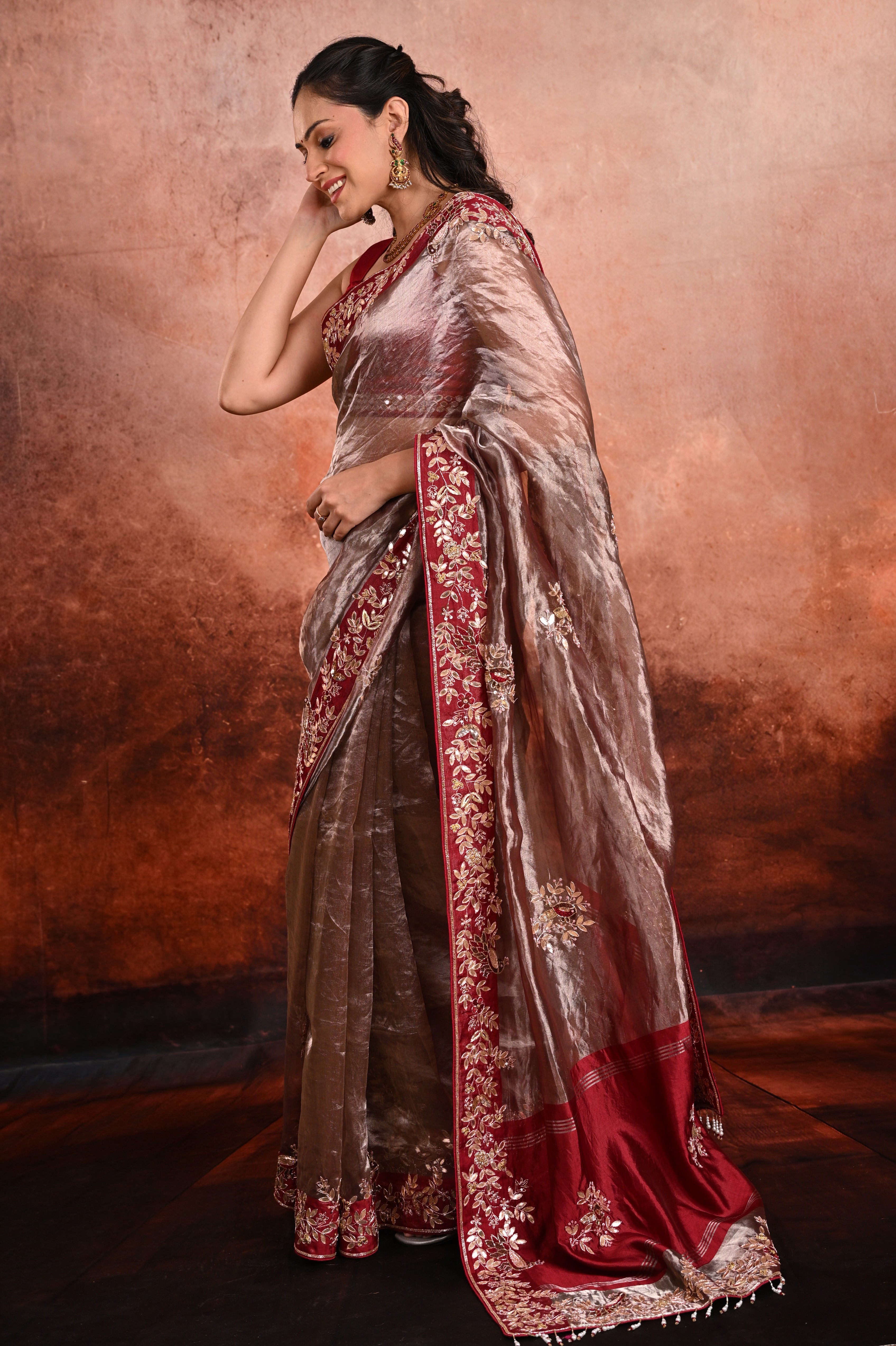 Antique Bronze Tissue Zardozi Saree
