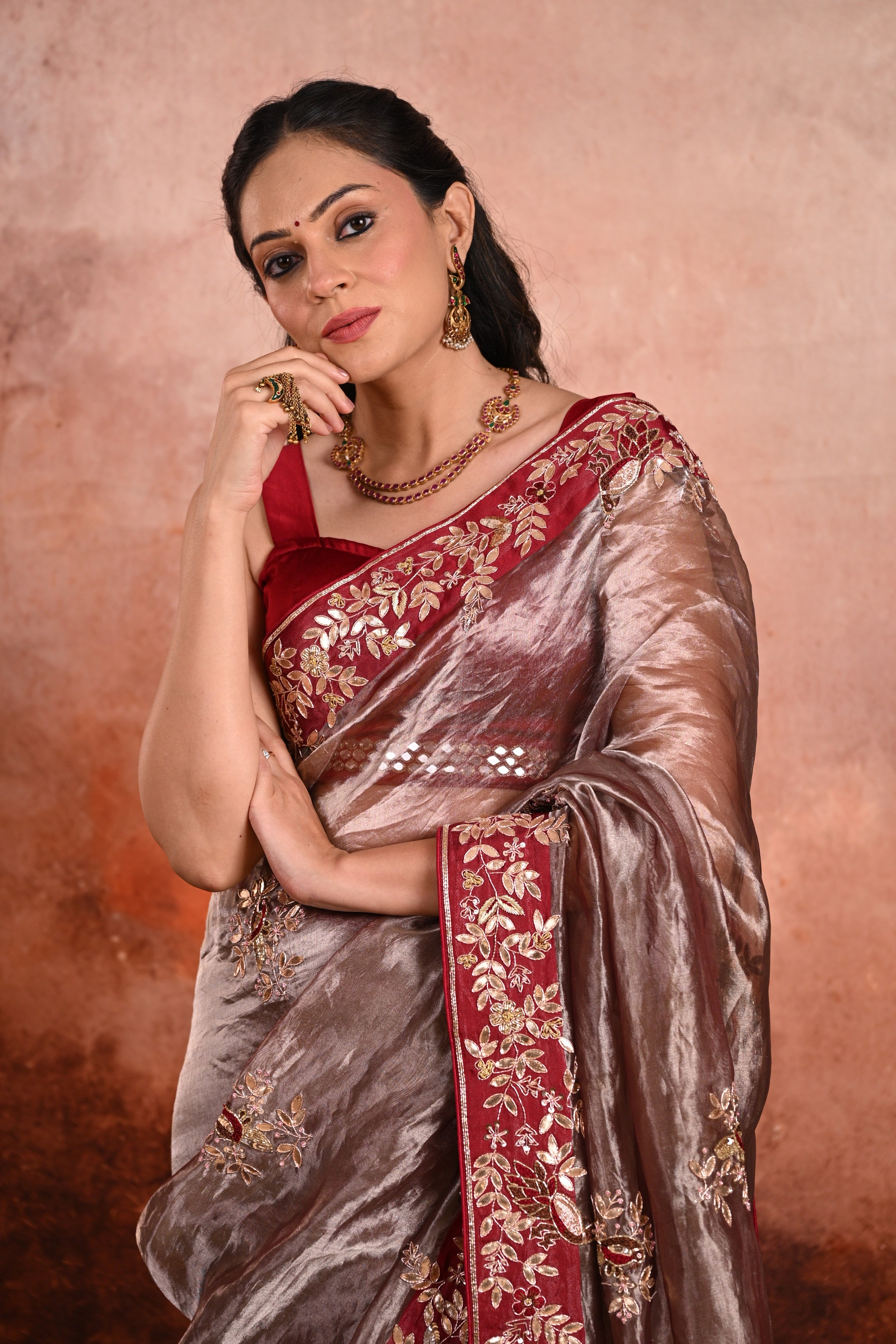 Antique Bronze Tissue Zardozi Saree