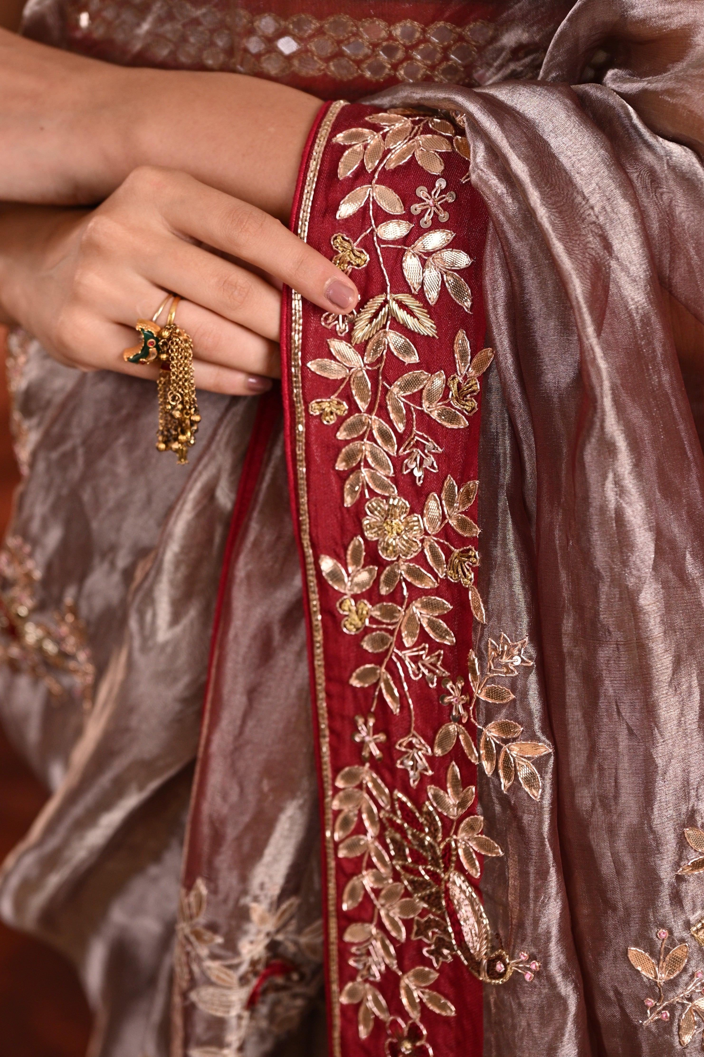 Antique Bronze Tissue Zardozi Saree