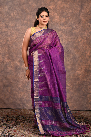 Deep Purple Maheshwari Silk Zardozi Saree