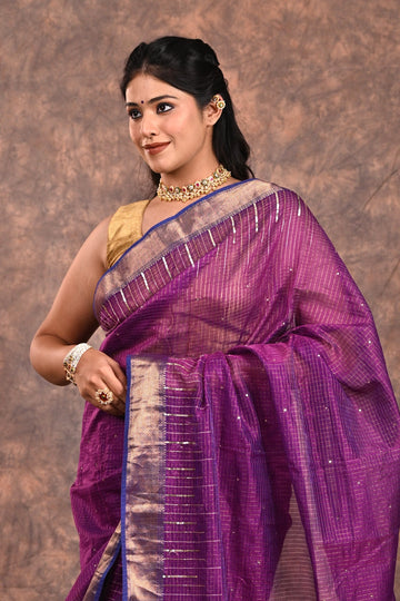 Deep Purple Maheshwari Silk Zardozi Saree