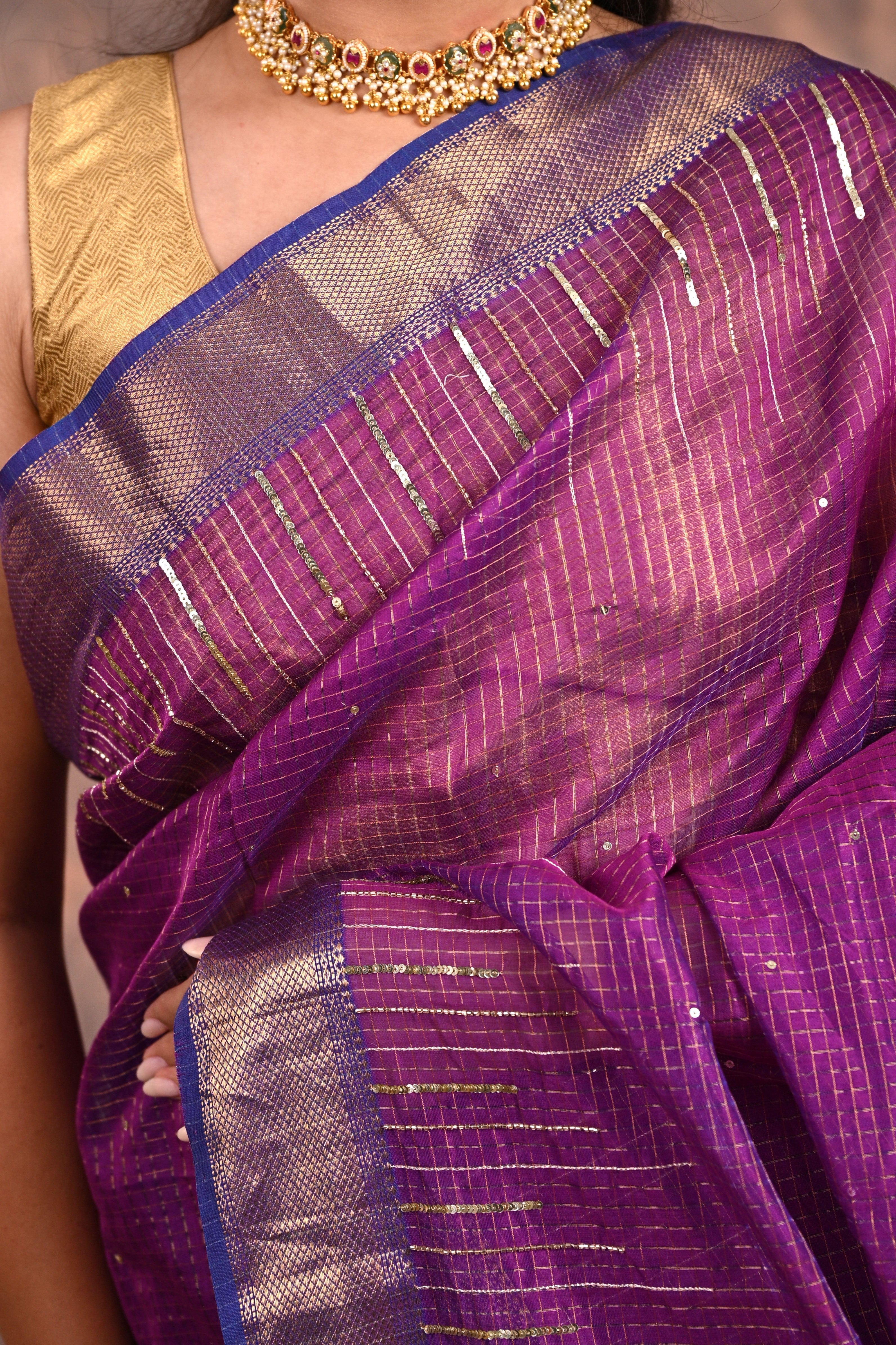 Deep Purple Maheshwari Silk Zardozi Saree