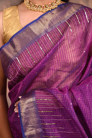 Deep Purple Maheshwari Silk Zardozi Saree