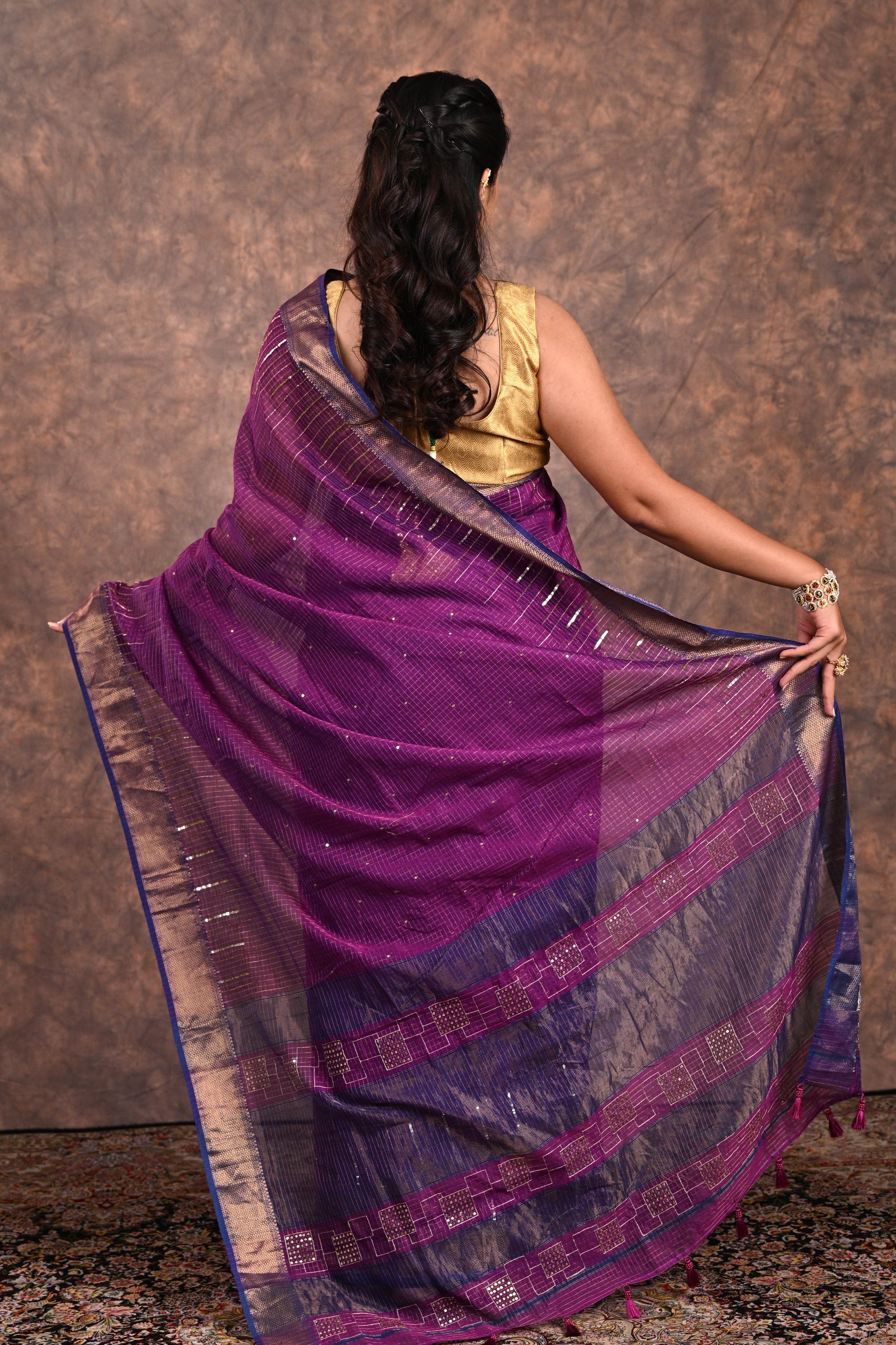 Deep Purple Maheshwari Silk Zardozi Saree