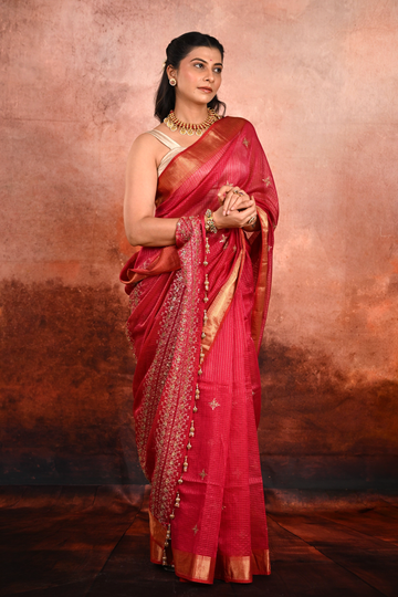 Ruby Maheshwari Silk Zardozi Saree