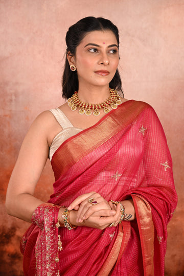 Ruby Maheshwari Silk Zardozi Saree