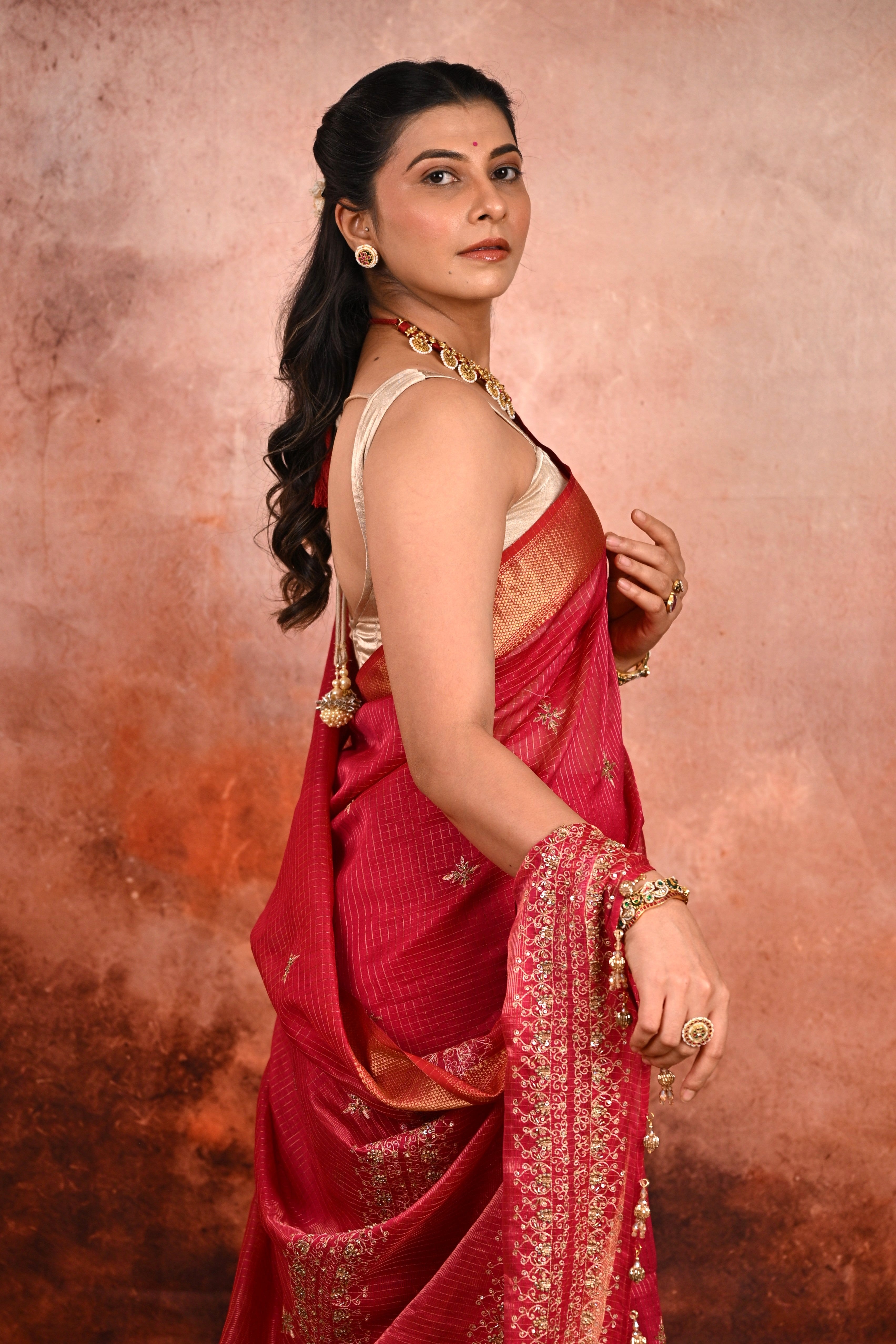 Ruby Maheshwari Silk Zardozi Saree