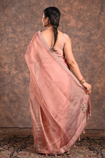 Blush Pink Tissue Silk Zardozi Saree