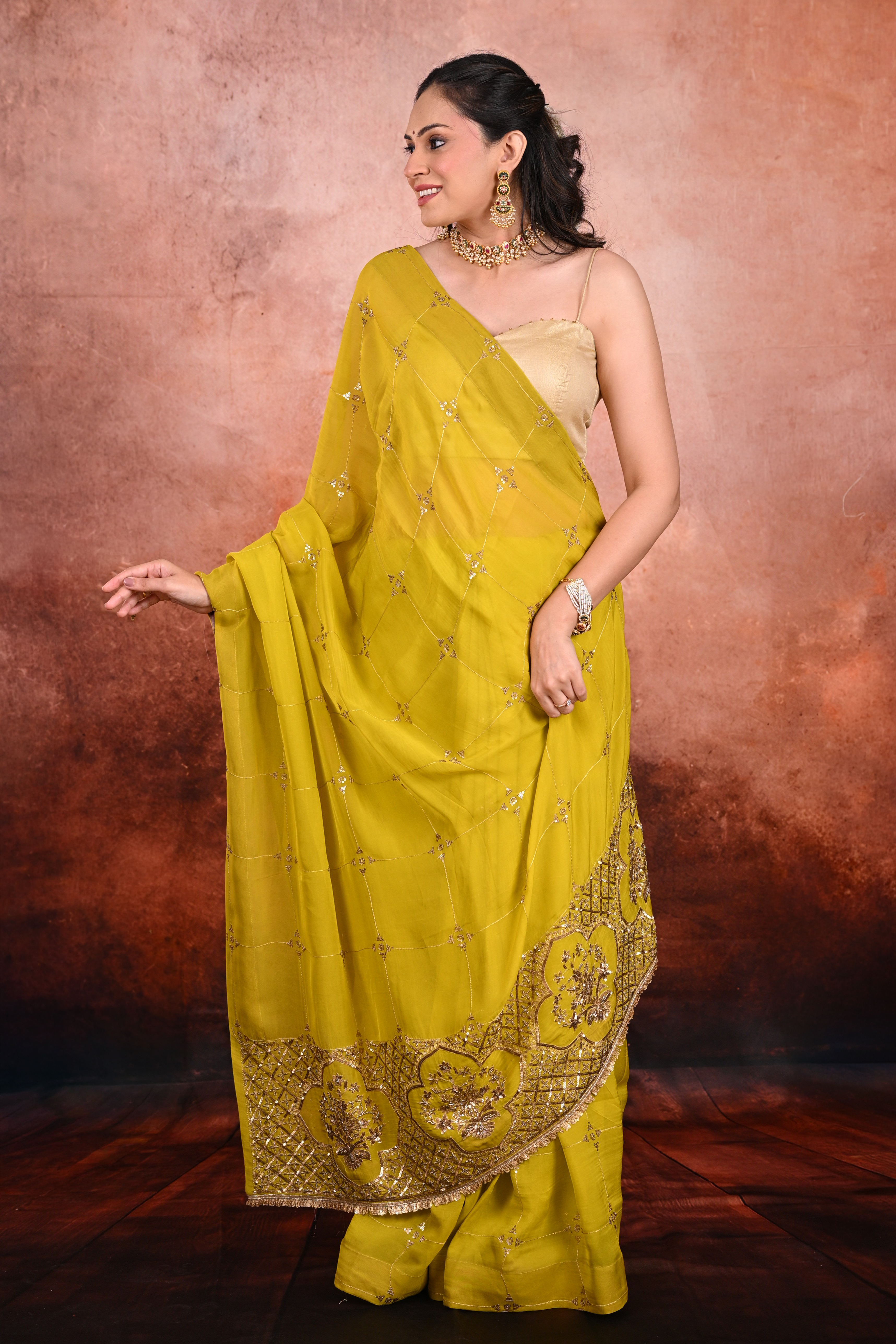 Citrine Yellow Georgette Zardozi Saree