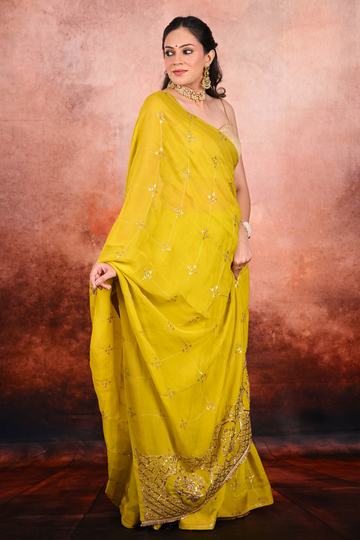 Citrine Yellow Georgette Zardozi Saree