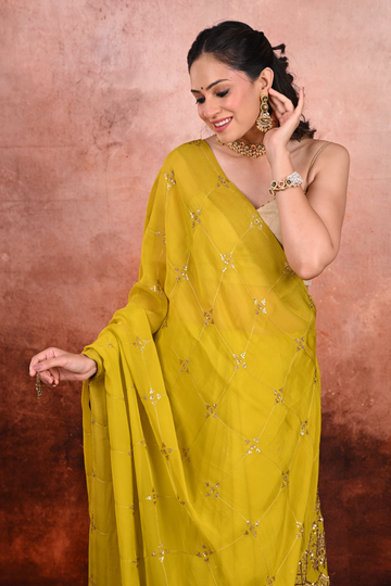 Citrine Yellow Georgette Zardozi Saree