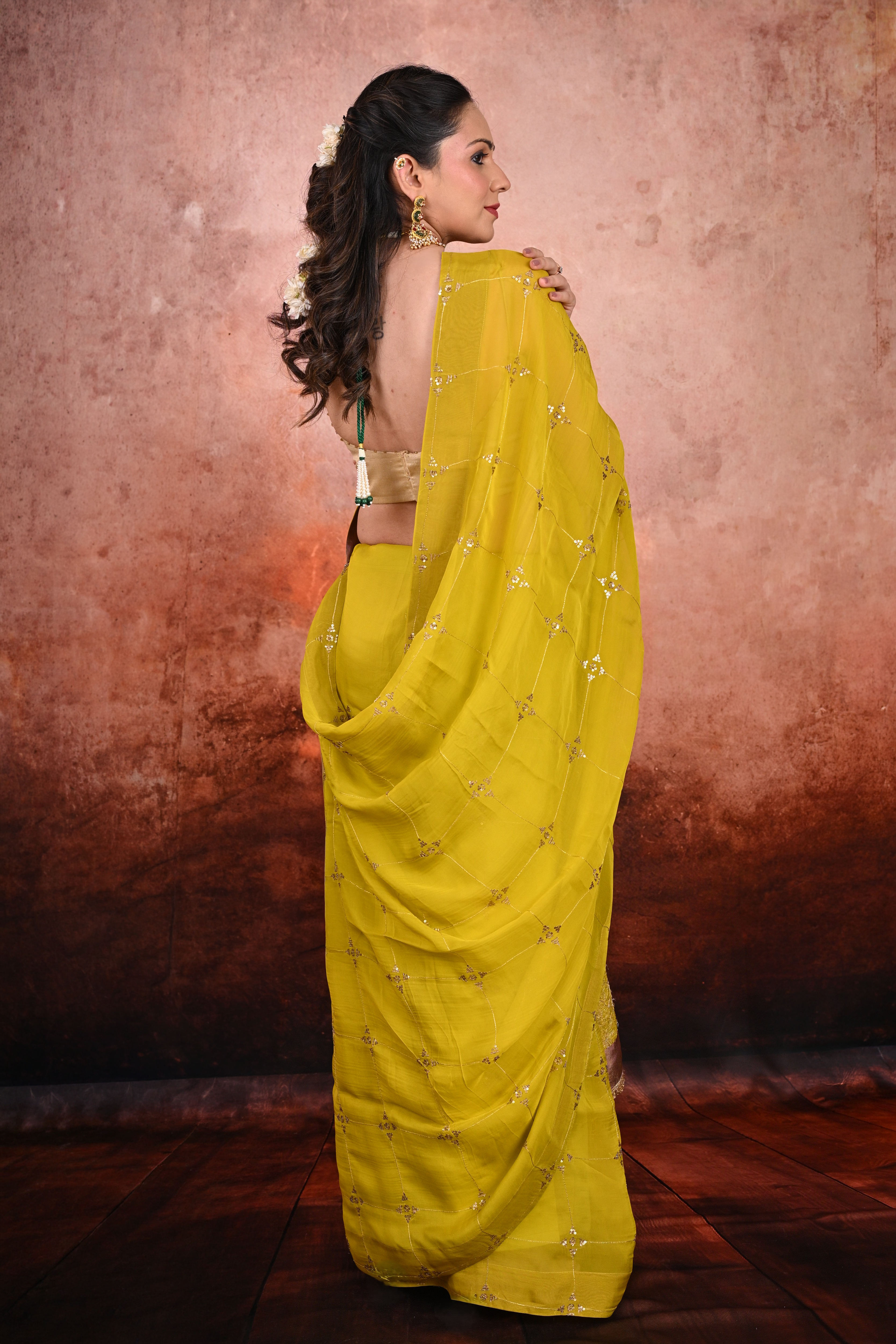 Citrine Yellow Georgette Zardozi Saree
