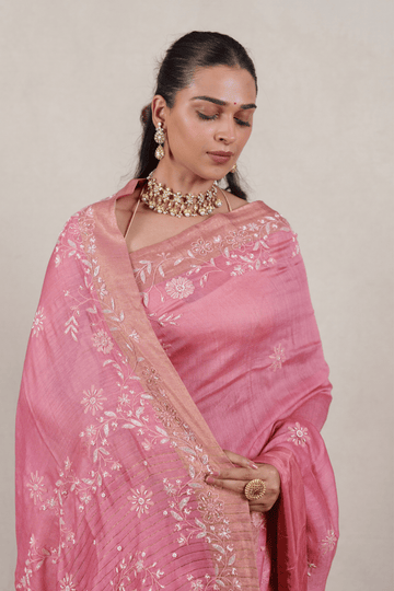 Rose Pink Moonga Chikankari Saree