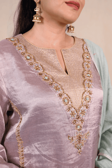 Lavender Grey Tissue Silk Zardozi Suit