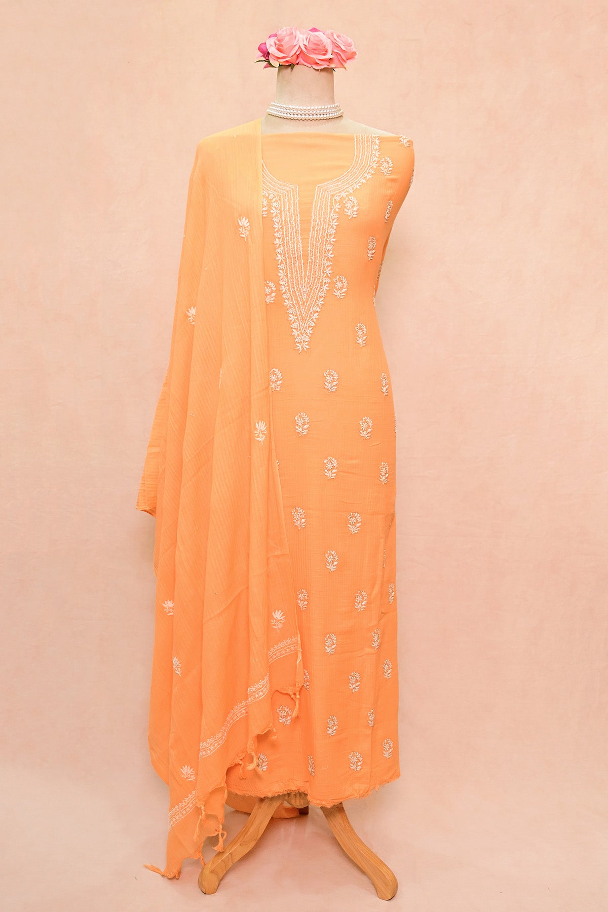 Pastel Orange Mangalagiri Chikankari Suit