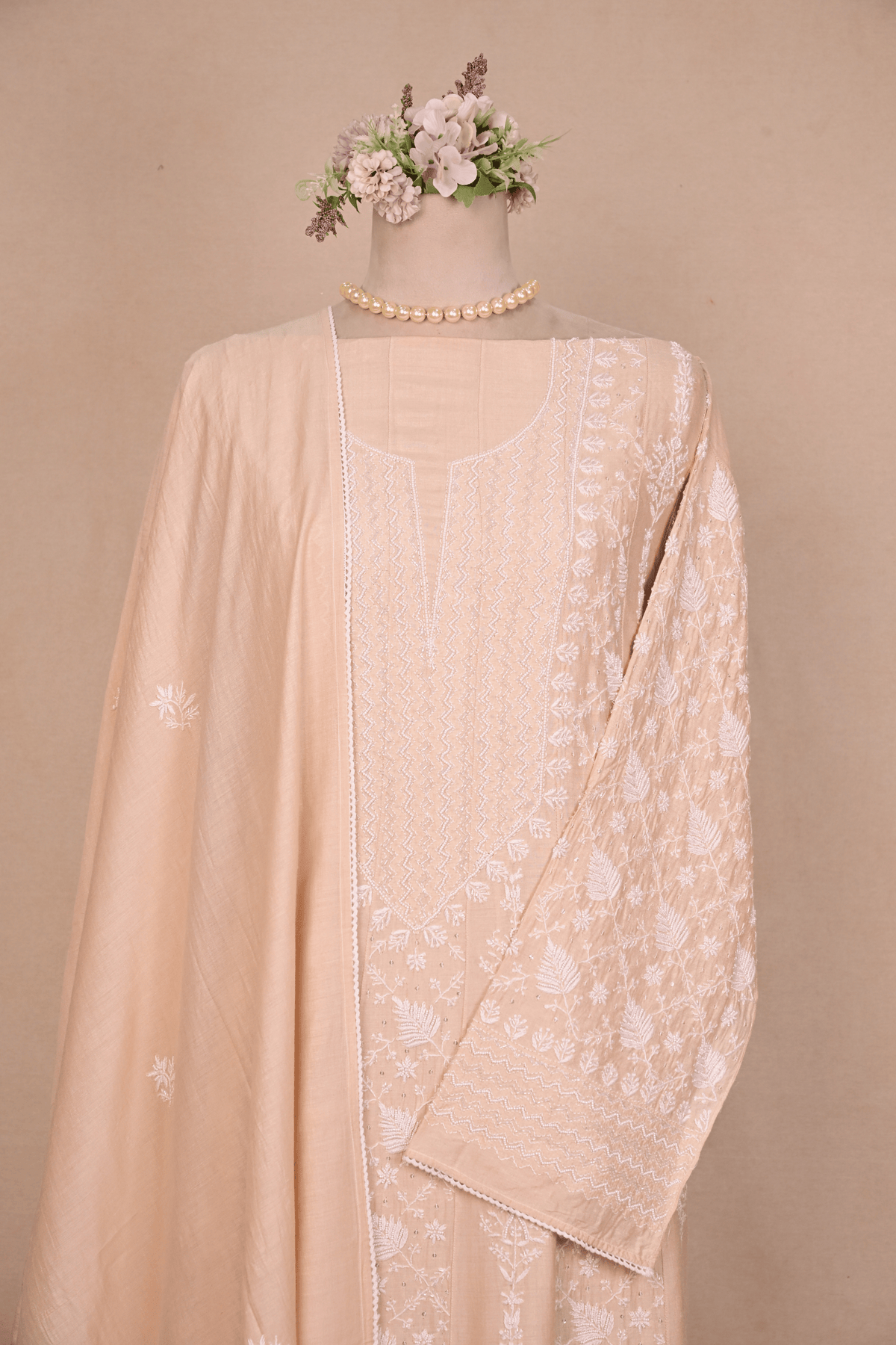 Beige Moonga Chikankari Anarkali