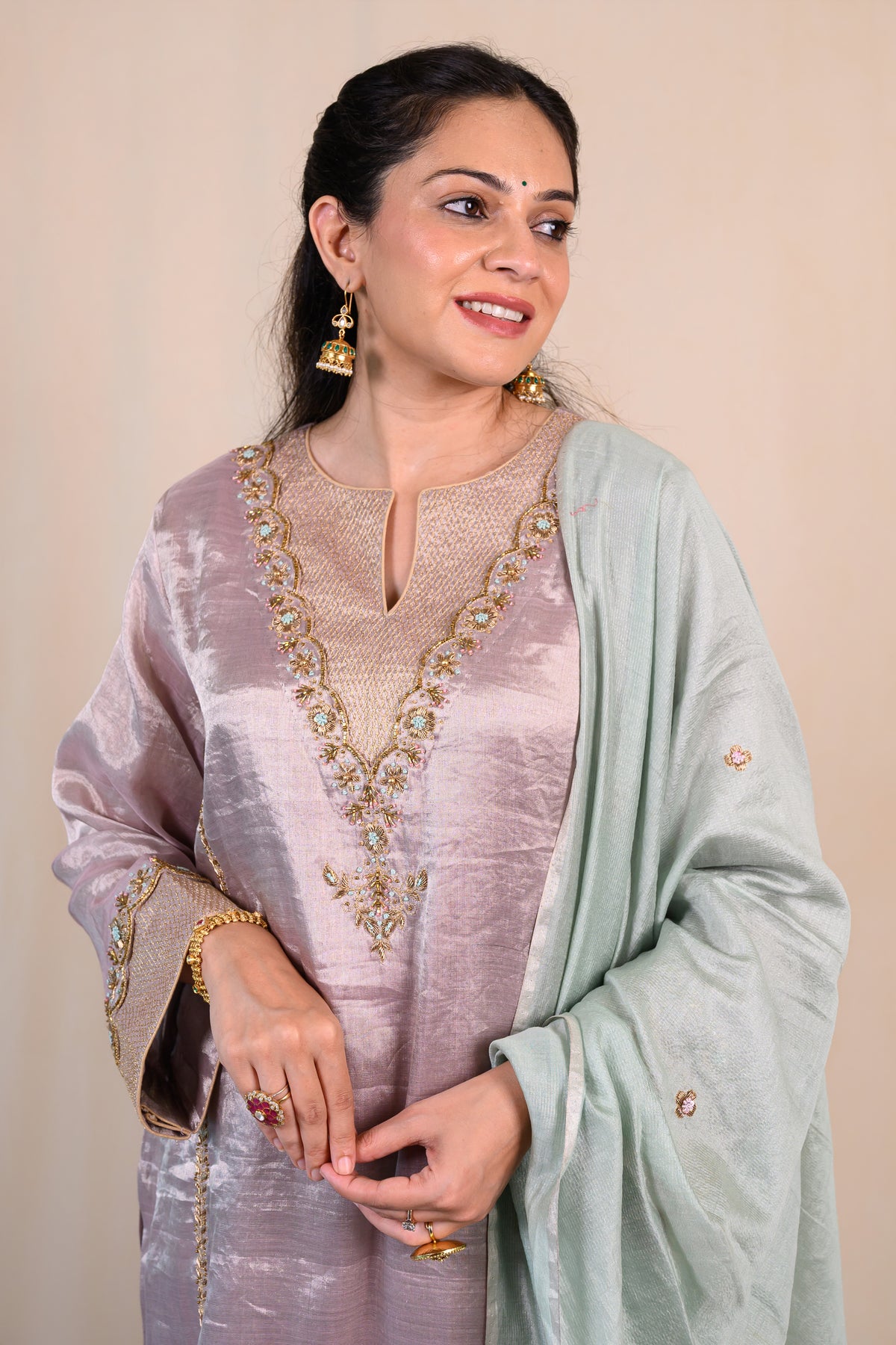 Lavender Grey Tissue Silk Zardozi Suit