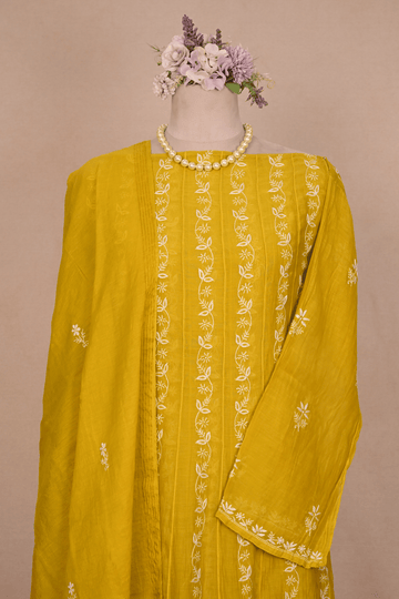 Olive Yellow Mul Chanderi Chikankari Anarkali