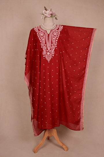 Brick Red Banarasi Chanderi Chikankari Kaftan