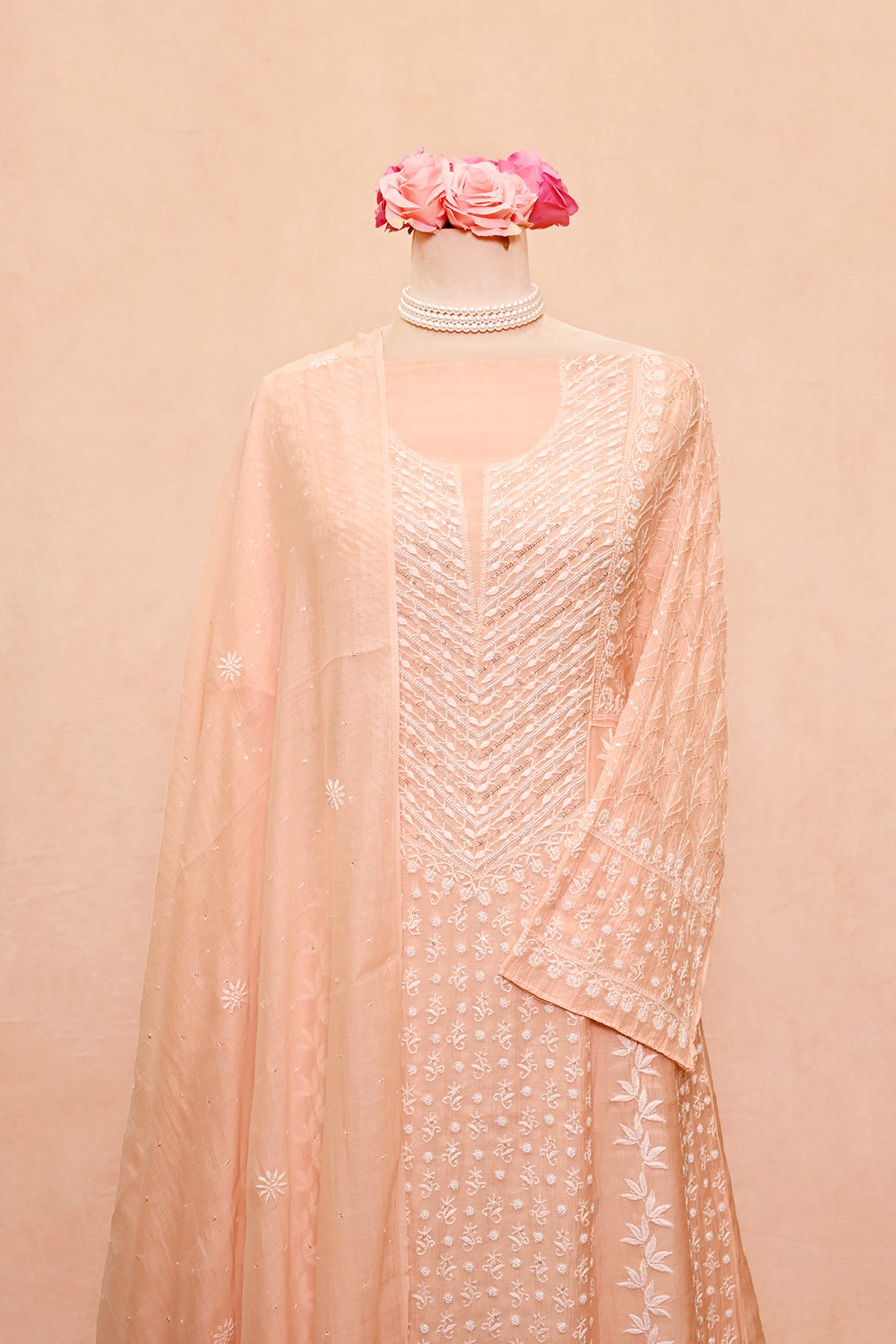 Light Peach Chanderi Chikankari Anarkali