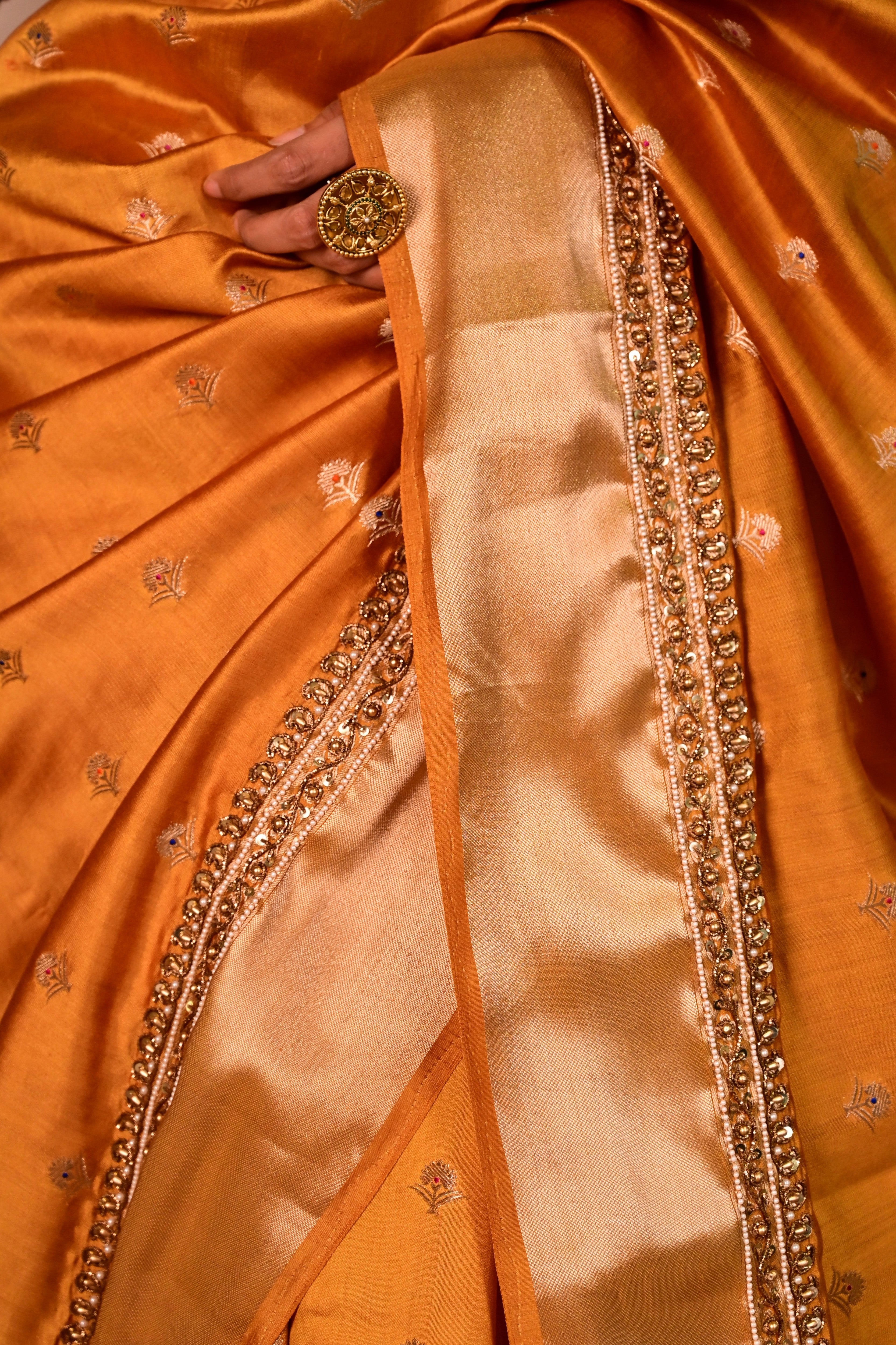 Mustard Yellow Katan Silk Handcrafted Saree