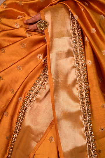 Mustard Yellow Katan Silk Handcrafted Saree