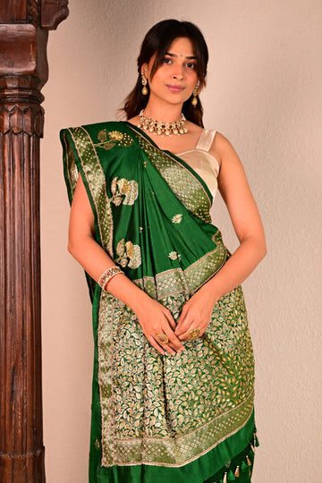 Emerald Green Katan Silk Handcrafted Saree