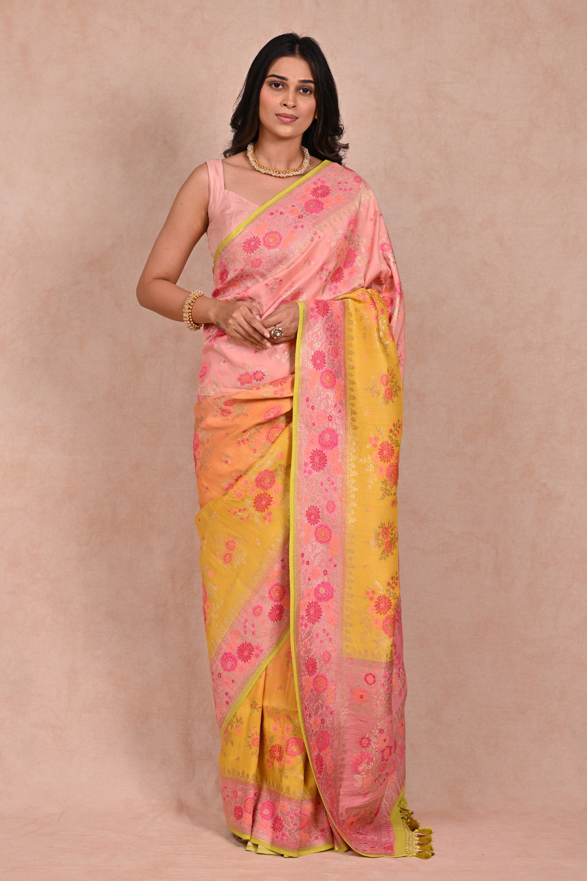 Tussar Georgette Banarasi Saree with Multicolor Resham Floral Work & Ombre Dye