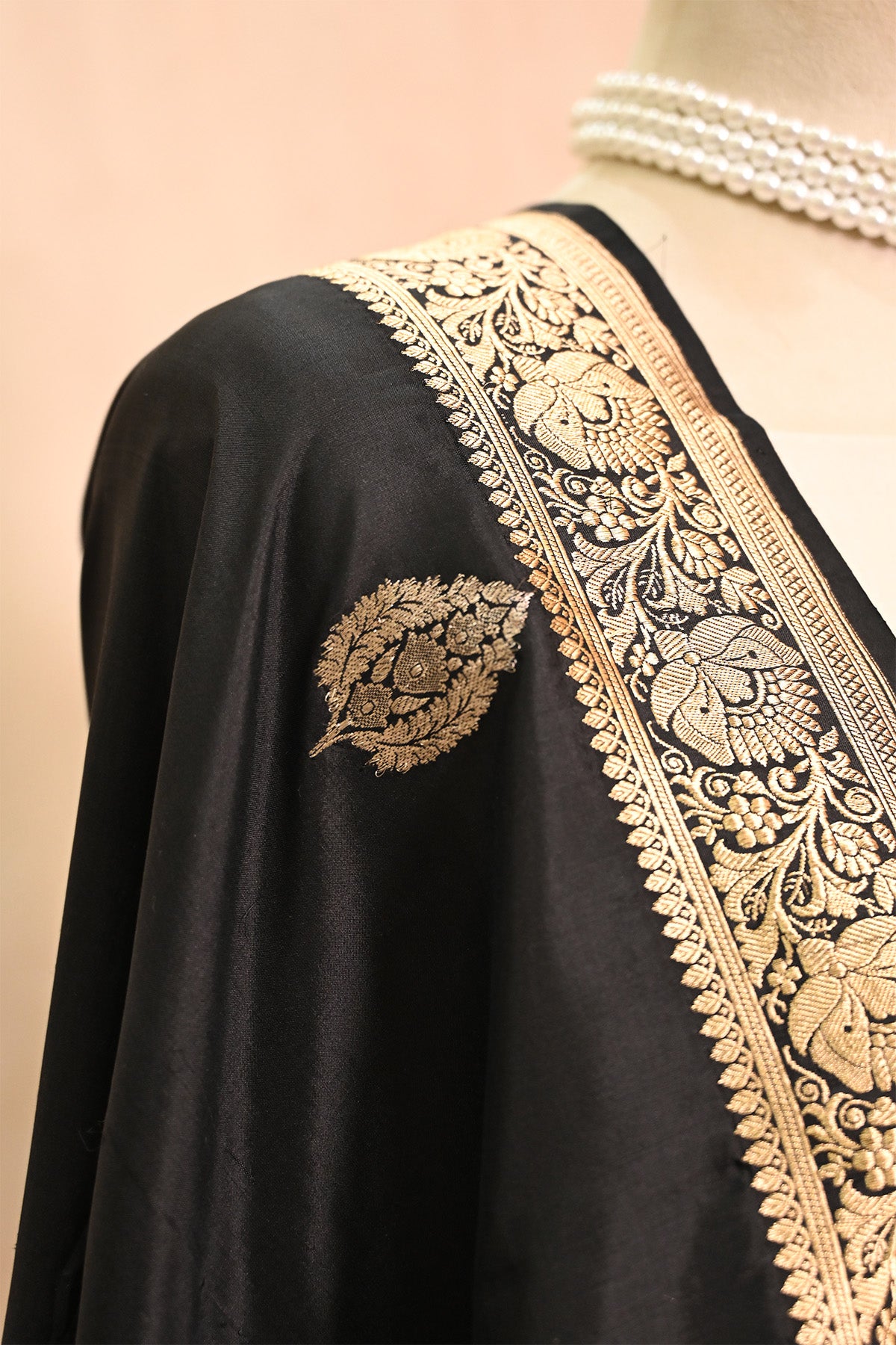 Black Katan Silk Banarasi Dupatta with Floral Border