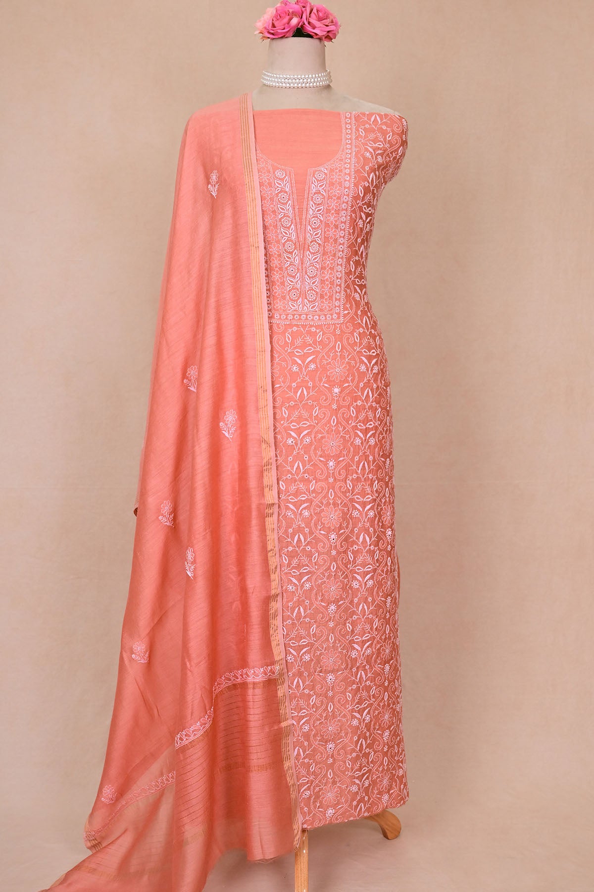 Coral Pink Moonga Silk Chikankari Suit