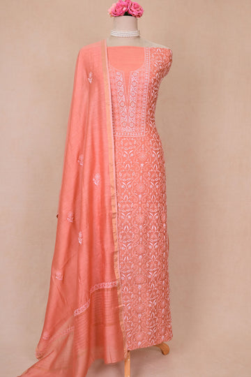 Coral Pink Moonga Silk Chikankari Suit