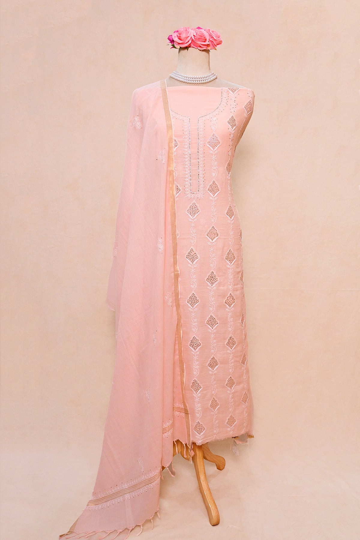 Light Peach Mul Chikankari Suit
