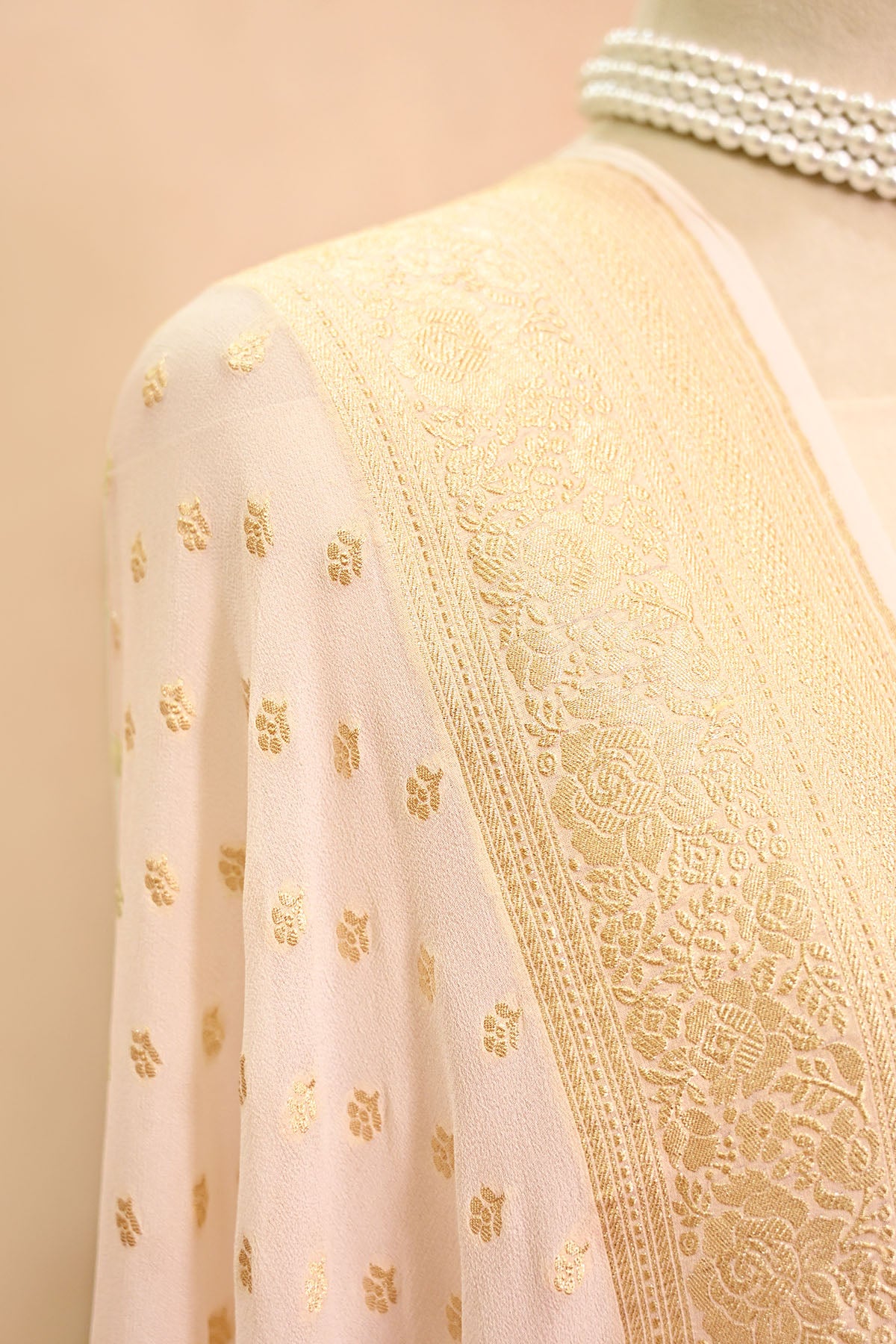 Off White Khaddi Georgette Banarasi Dupatta with Floral Buti