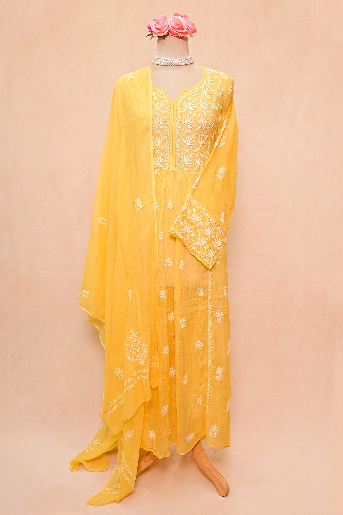 Pastel Yellow Kota Cotton Silk Chikankari Suit
