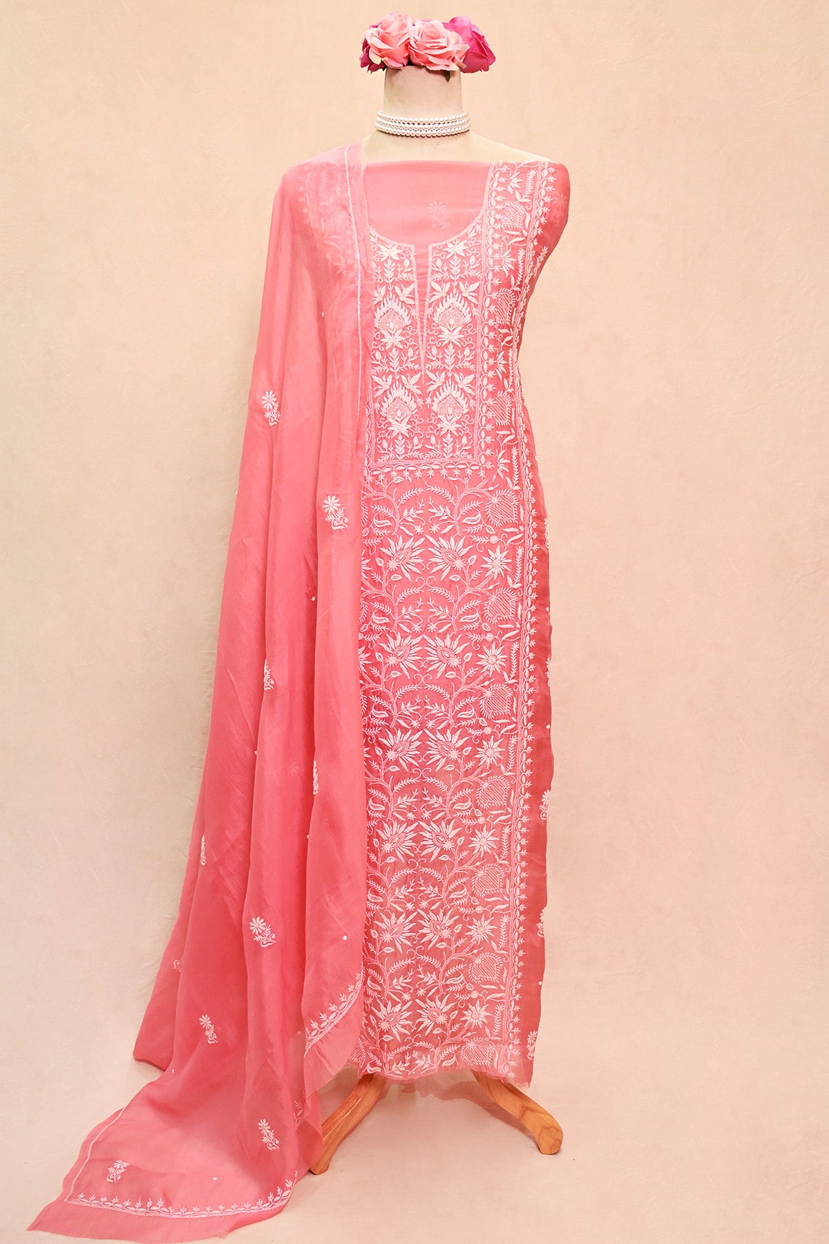 Pink Organza Chikankari Suit