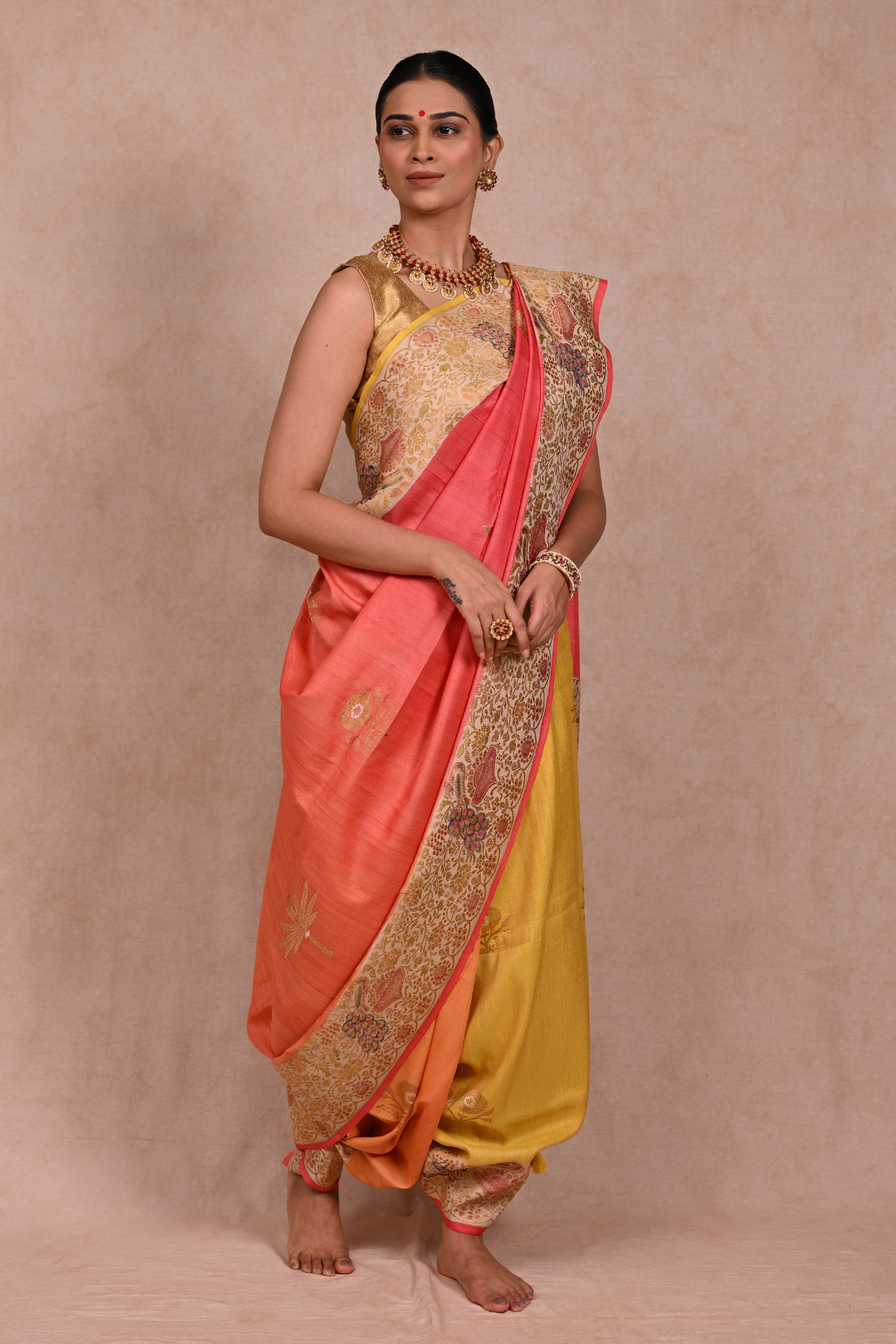 Tussar Georgette Banarasi Saree with Khaddi Nakshi & Gold Zari Peacock Motifs