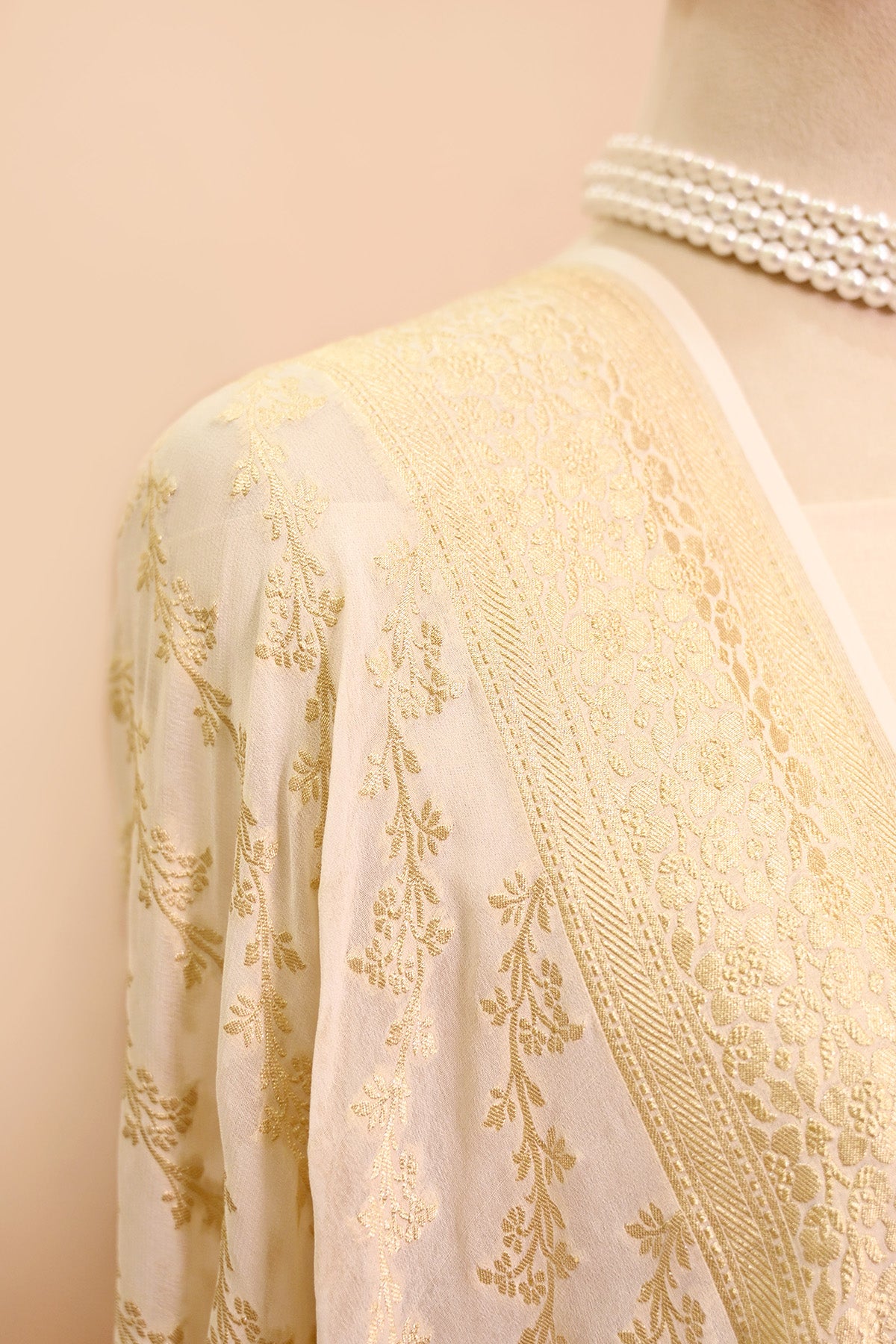 Off White Khaddi Georgette Banarasi Dupatta with Floral Stripes