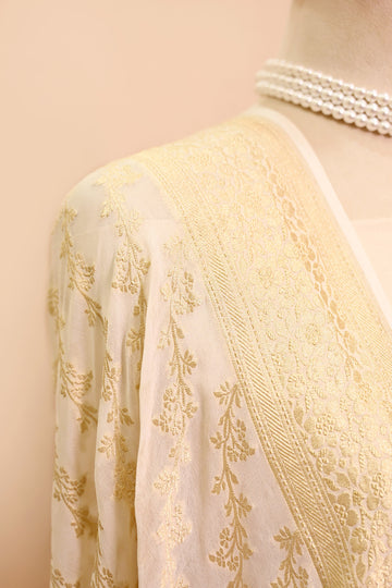 Off White Khaddi Georgette Banarasi Dupatta with Floral Stripes