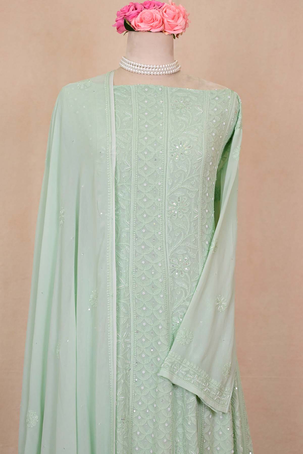 Light Sea Green Viscose Georgette Chikankari Anarkali
