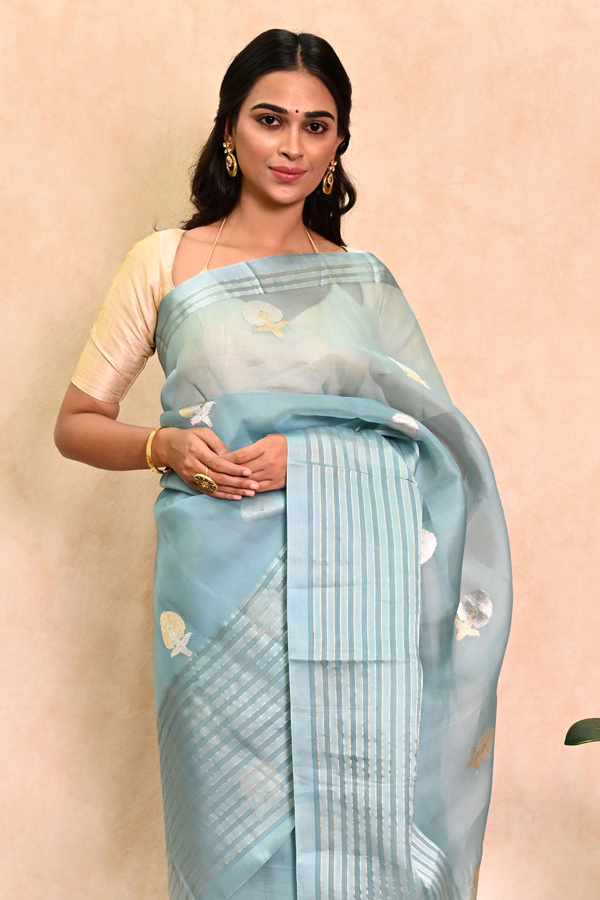 Blue Organza Saree with Rupa-Sona Zari Motifs