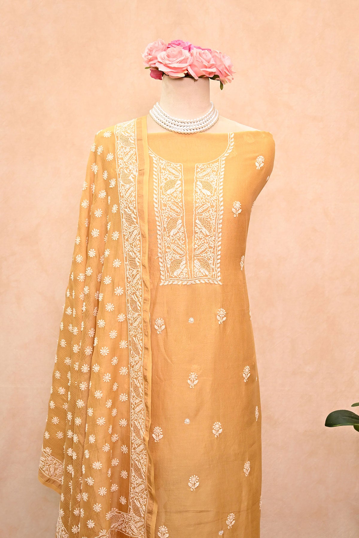 Mustard Pure Maheshwari Chikankari Suit