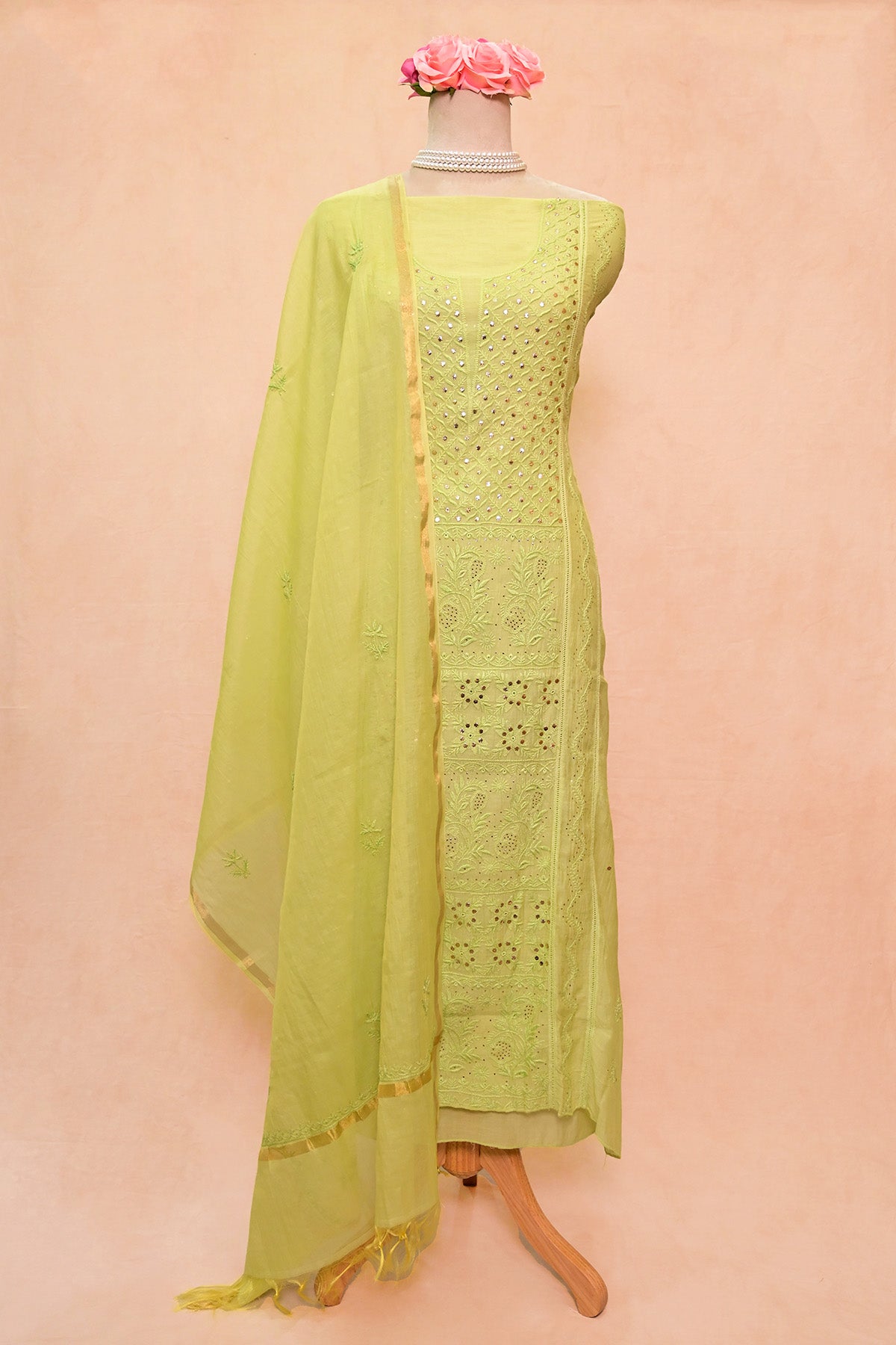 Light Green Chanderi Chikankari Suit