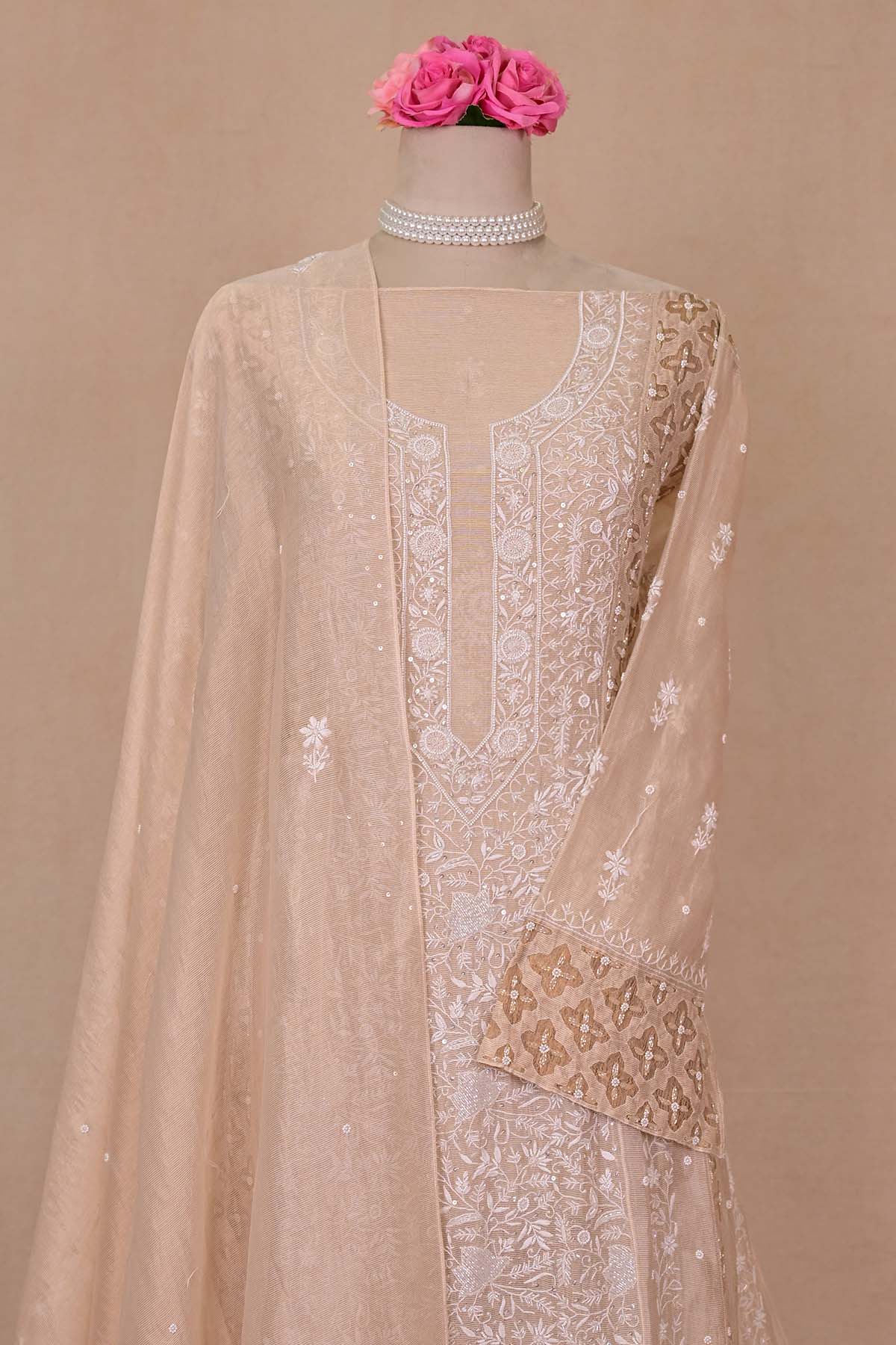 Beige Tissue Chanderi Chikankari Anarkali